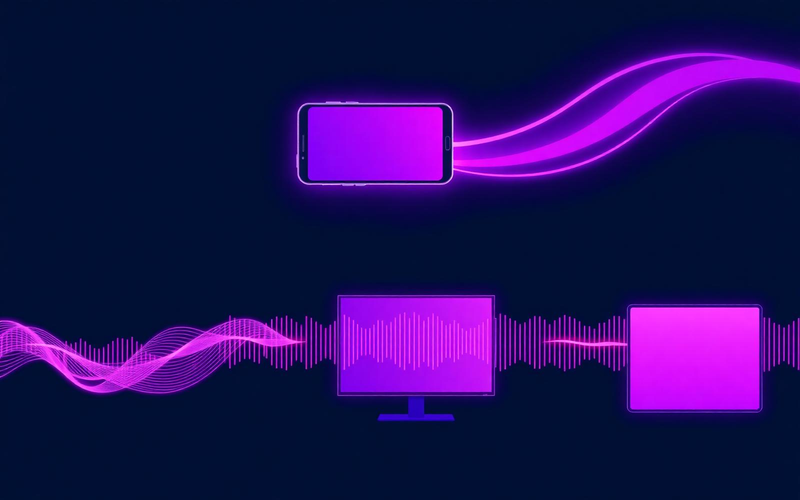 Composição com smartphone, TV conectada e ondas sonoras representando os canais de mídia digital