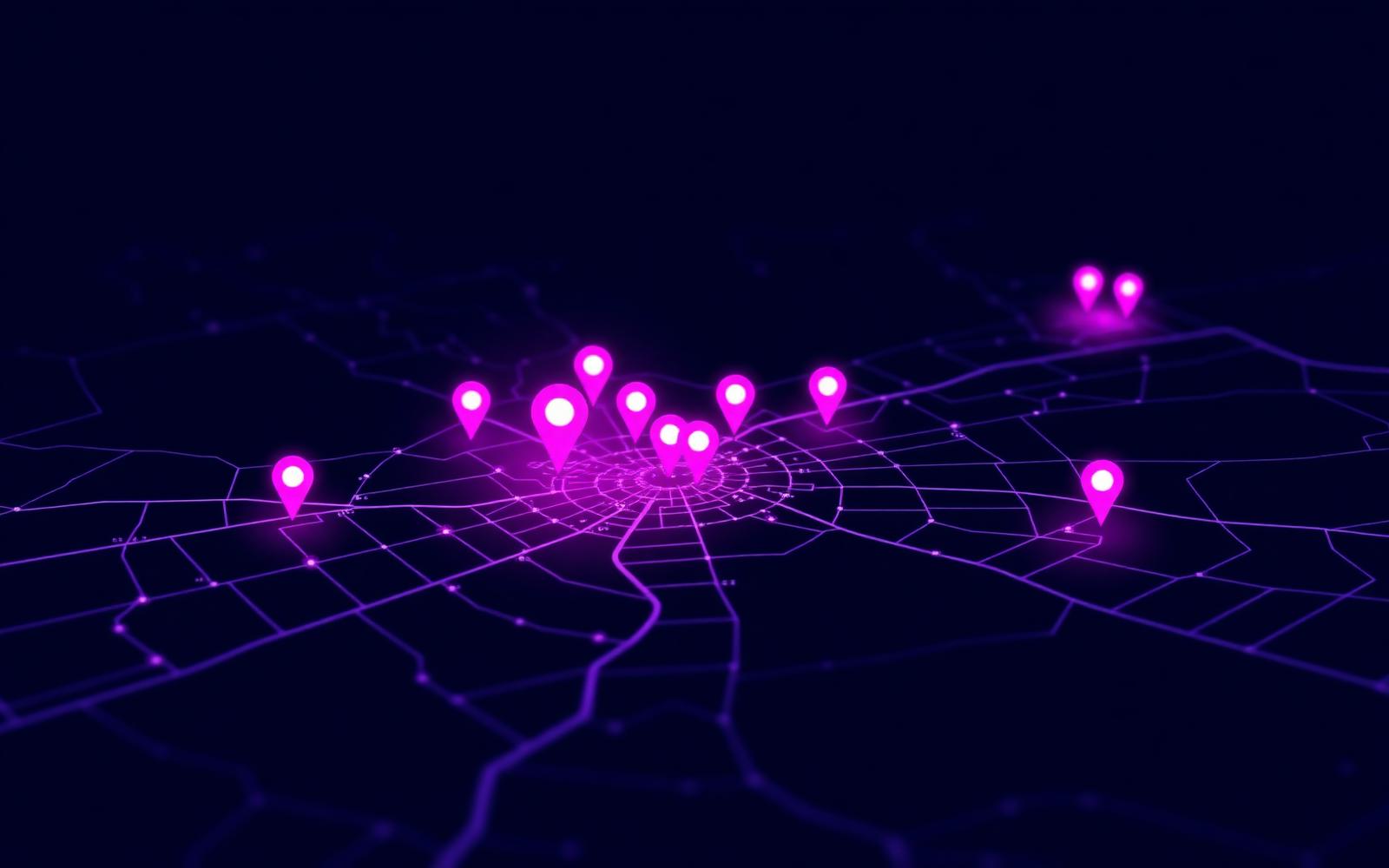 Mapa urbano estilizado com pontos de geolocalização indicando diferentes praças e segmentos atendidos